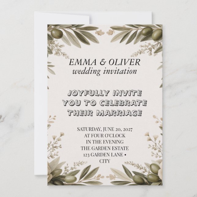 Convite de Casamento com Ramo de Oliveira | Floral (Frente)