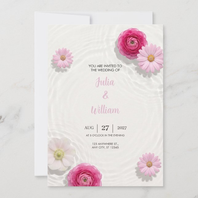 Convite de Casamento com Ranunculus Rosa Flutuante (Frente)