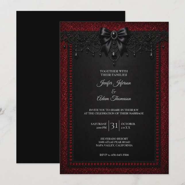 Convite de Casamento com Renda Preta e Vermelha (Frente/Verso)
