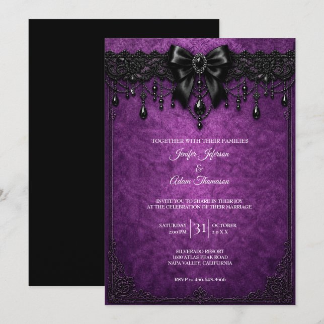 Convite de Casamento com Renda Preta Roxa (Frente/Verso)