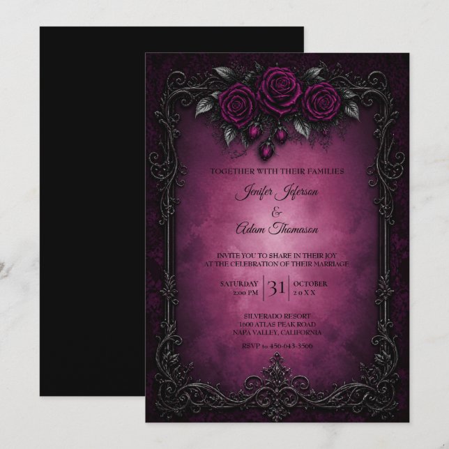 Convite de Casamento com Renda Preta Roxa (Frente/Verso)