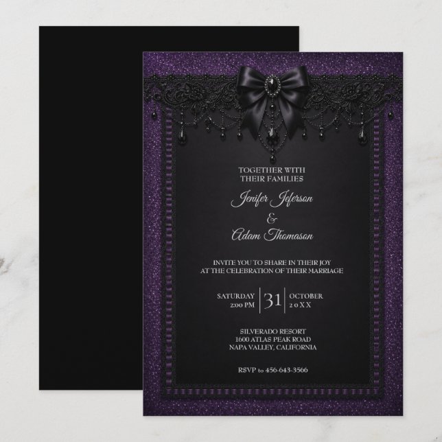 Convite de Casamento com Renda Preta Roxa (Frente/Verso)