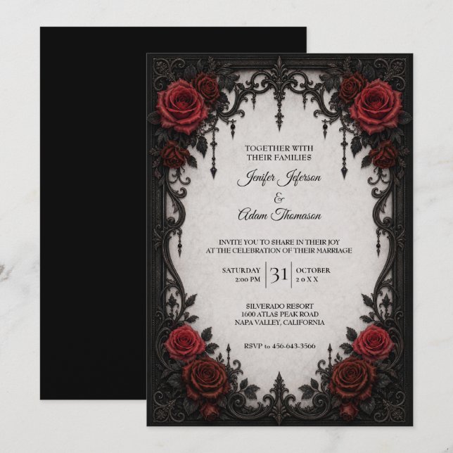 Convite de Casamento com Renda Preta Vermelha (Frente/Verso)