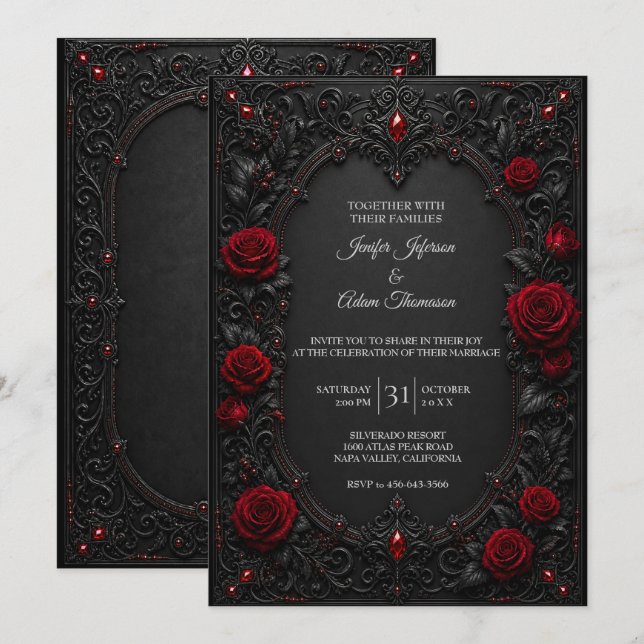 Convite de Casamento com Renda Preta Vermelha (Frente/Verso)