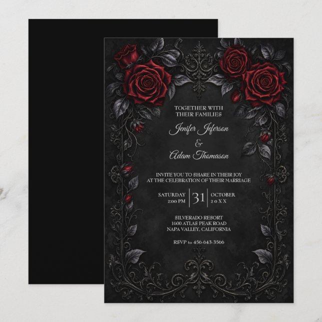Convite de Casamento com Renda Preta Vermelha (Frente/Verso)
