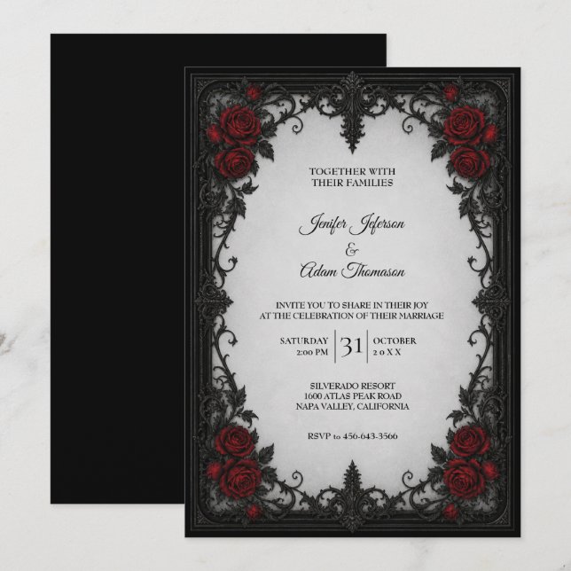 Convite de Casamento com Renda Preta Vermelha (Frente/Verso)