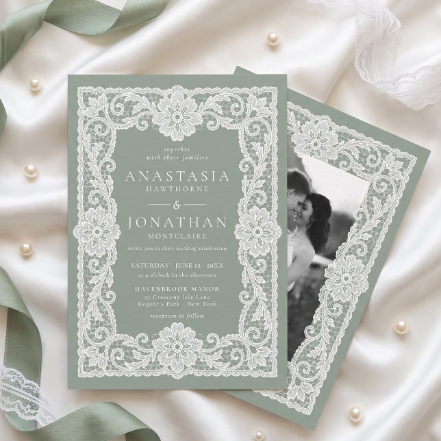 Convite de Casamento com Renda Vintage Verde Sage  (Criador carregado)