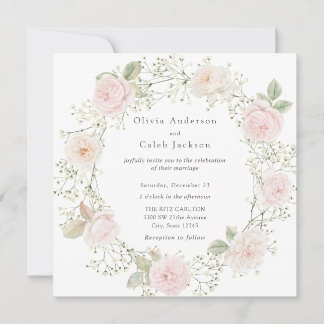 Convite de Casamento com Resedá e Rosas Rosas (Frente)