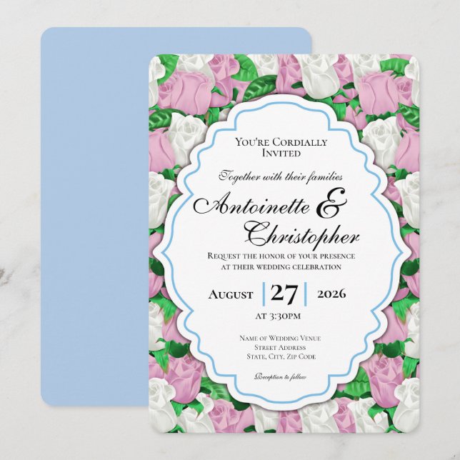 Convite de Casamento com Rosa Rosa e Branca com Bo (Frente/Verso)
