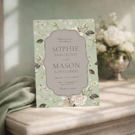 Convite de Casamento com Rosa Vintage em Verde Sag