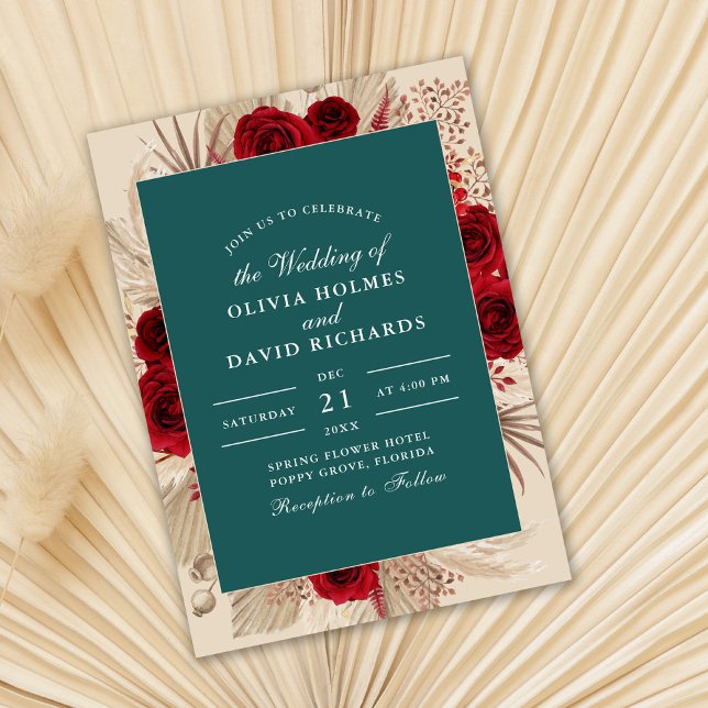 Convite de Casamento com Rosas Boho Verde-azulado  (Teal Burgundy Roses Wedding Invitation on dry palm leaf.)