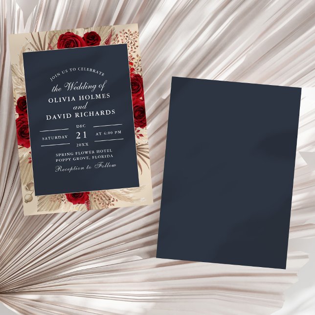 Convite de Casamento com Rosas Borgonha Azul Meia- (Midnight Blue Burgundy Roses Wedding Invitation on a sunny white dry palm leaf.)