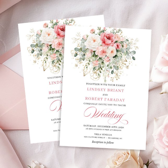 Convite de Casamento com Rosas Cor-de-Rosa Boho Ja (Garden Boho Blush Roses Wedding Invitation)