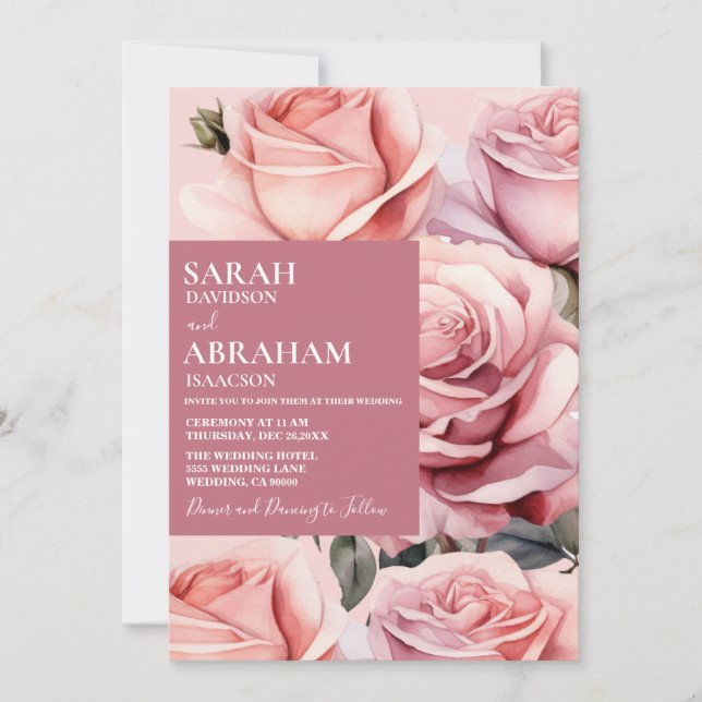Convite de Casamento com Rosas Cor-de-Rosa Moderna (Frente)