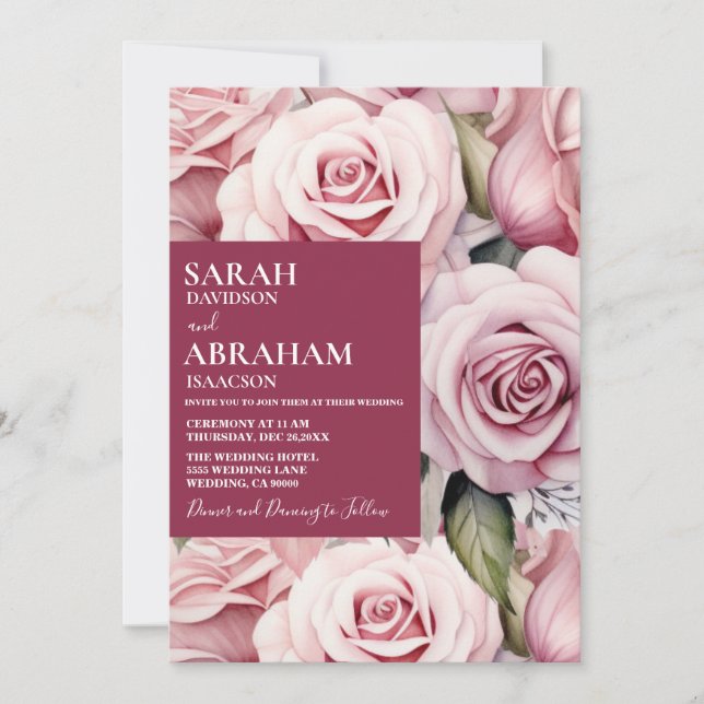 Convite de Casamento com Rosas Cor-de-Rosa Moderna (Frente)