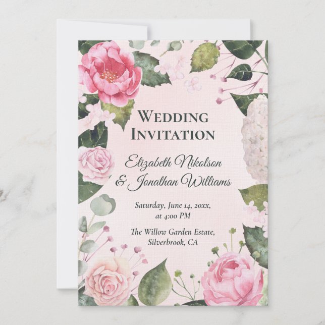 Convite de Casamento com Rosas Cor-de-Rosa Românti (Frente)