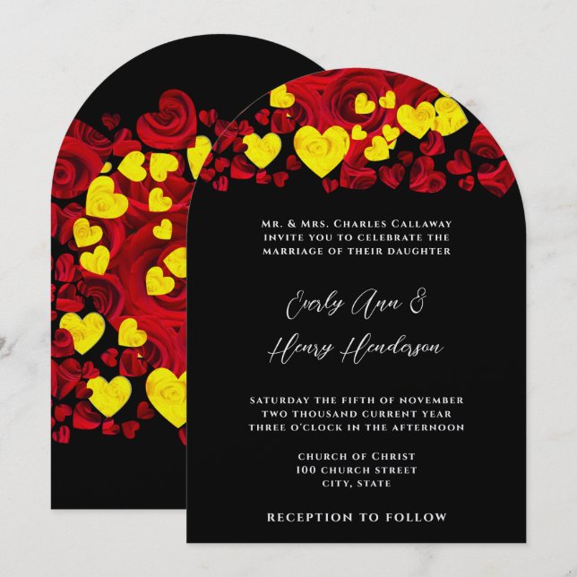 Convite de Casamento com Rosas de Coração Amarelo  (Frente/Verso)