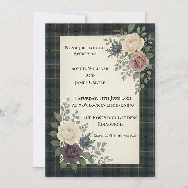 Convite de Casamento com Rosas e Cardos do Tartan  (Frente)