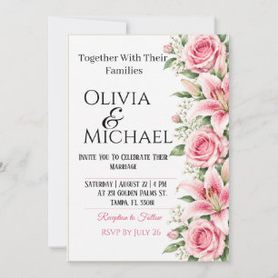 Convite de Casamento com Rosas Rosas e Lírios