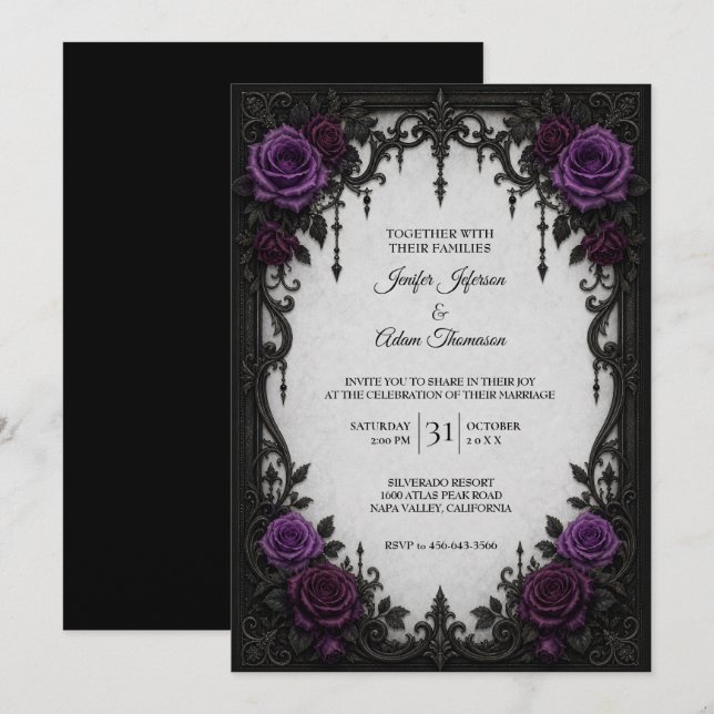 Convite de Casamento com Rosas Roxas (Frente/Verso)