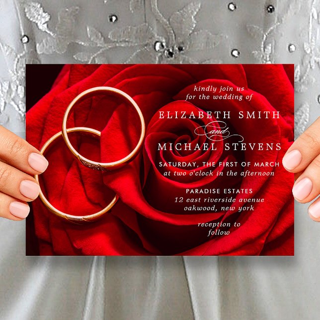 Convite de Casamento com Rosas Vermelhas e Anéis d (Wedding Red Rose Gold Rings Wedding Invitation)