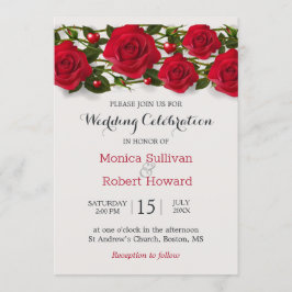 Convite de casamento com rosas vermelhas e coraçõe