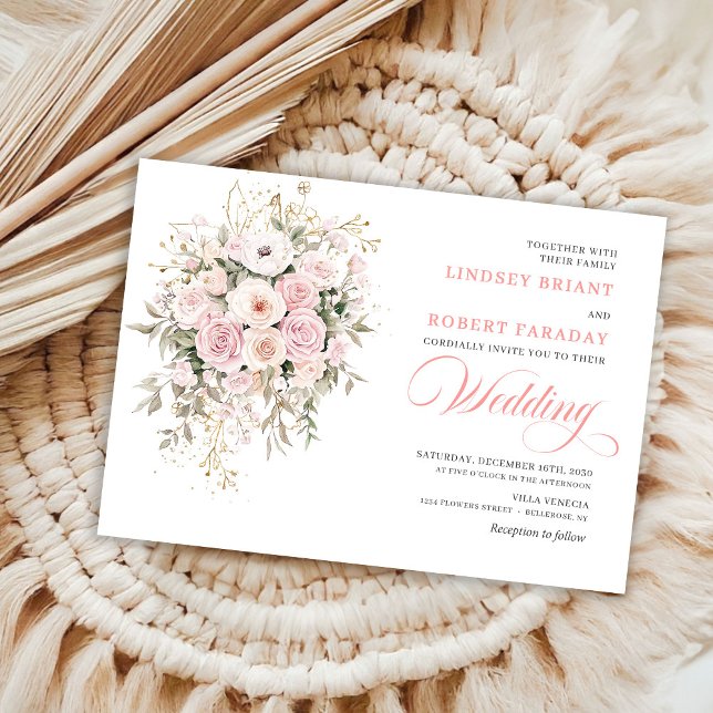 Convite de Casamento com Rosas Vermelhas Tendência (Trendy Blush Roses Greenery Wedding Invite)