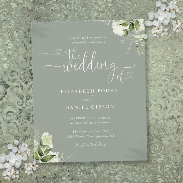 Convite de Casamento com Roteiro de Vegetação Sage (Budget Sage Greenery Script Wedding Invitation)