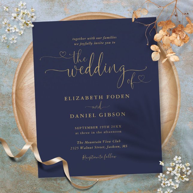 Convite de Casamento com Roteiro Orçamento Marinha (Budget Navy And Gold Hearts Script Wedding Invite)