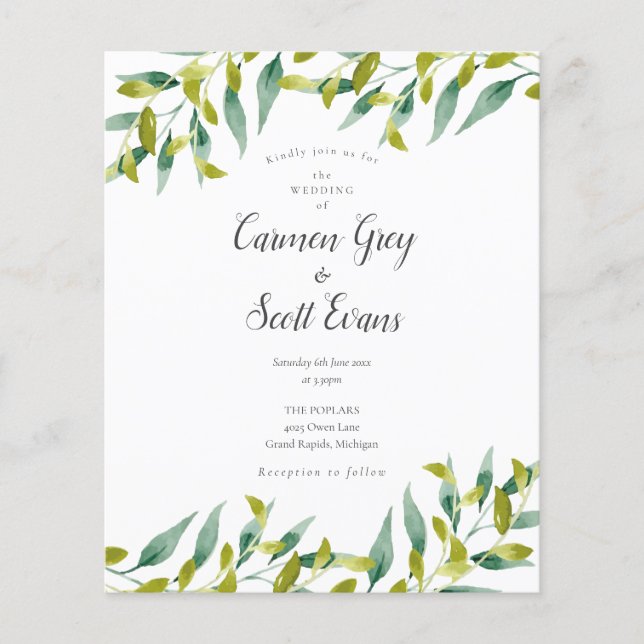Convite de Casamento com Rótulo Chic Greenery Budg (Frente)