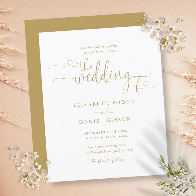Convite de Casamento com Rótulo de Corações em Our (Budget Gold Hearts Script Wedding Invitation)
