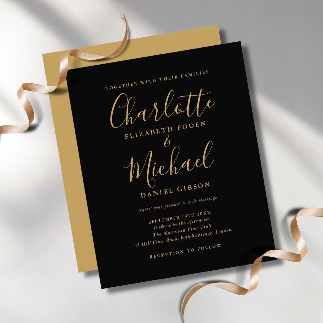 Convite de Casamento com Rótulo Preto Dourado (Criador carregado)