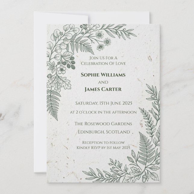 Convite de Casamento com Samambaia Botânica (Frente)