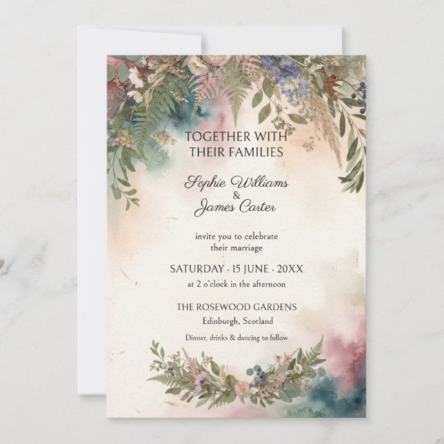 Convite de Casamento com Samambaia em Aquarela Mal (Frente)