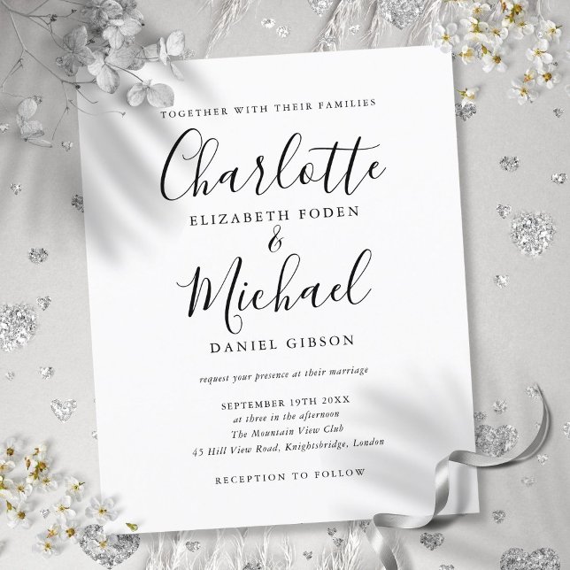 Convite de Casamento com Script Preto e Branco Eco (Budget Black and White Script Wedding Invitation)