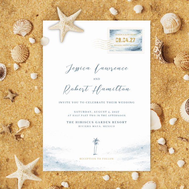 Convite de Casamento com Selo de Aquarela Azul Mod (Destination Ocean Wedding Invitation and Details Card)