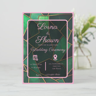Convite de Casamento com Sobreposição Verde e Rosa