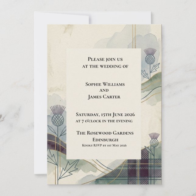 Convite de Casamento com Tartan de Cardo Escocês (Frente)