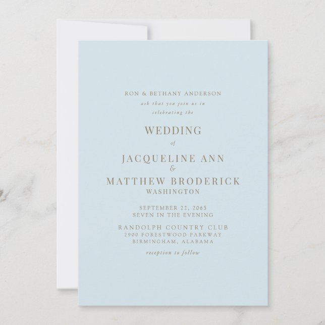 Convite de Casamento com Texto Dourado Azul Céu (Frente)