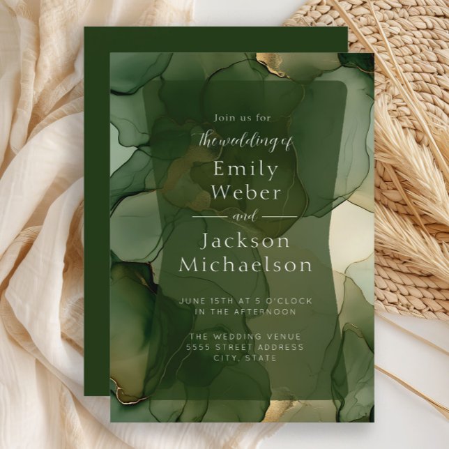 Convite de Casamento com Tinta Alcoólica Verde Oli (Emerald and olive green alcohol ink wedding invitation)