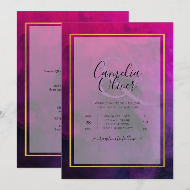 Convite de Casamento com Tinta Roxa Magenta Intens (Frente/Verso)