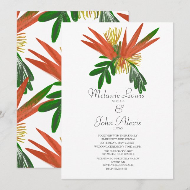 Convite de Casamento com Tinta Tropic Aquarela Ave (Frente/Verso)