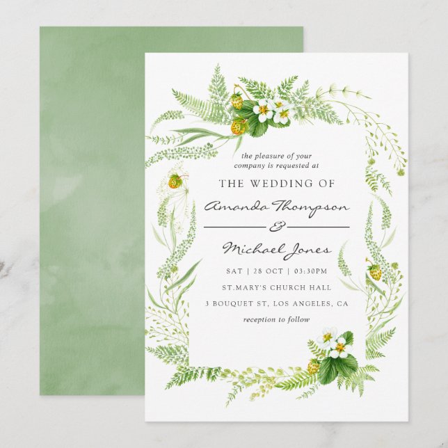 Convite de Casamento com Vegetação em Aquarela (Frente/Verso)