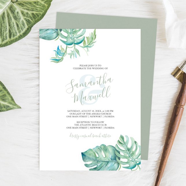 Convite de Casamento com Vegetação em Aquarela Tro (Tropical destination wedding invitation designed with watercolor monstera palm leaves)