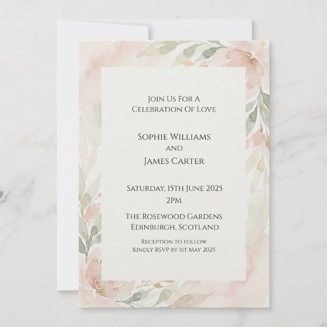 Convite de Casamento com Vegetação em Rosa Suave (Frente)