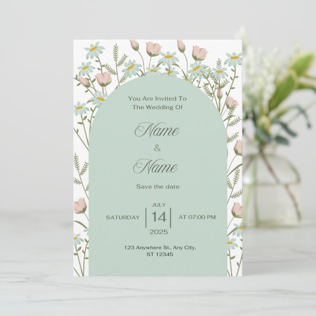Convite de casamento com verde elegante (Em pé/Frente)