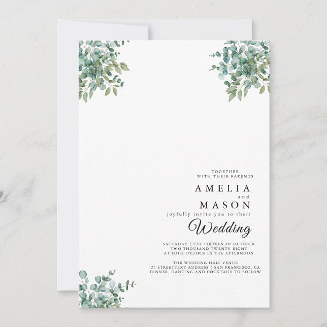 convite de casamento com verde eucalipto (Frente)
