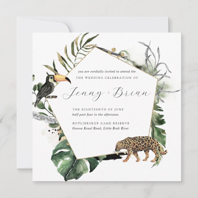 Convite de Casamento com Verde Tropical da Selva (Frente)