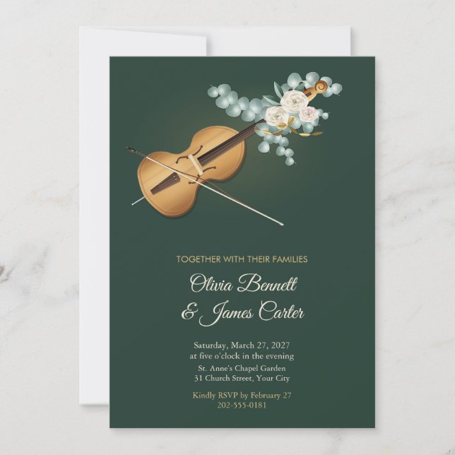 Convite de Casamento com Violoncelo e Eucalipto (Frente)