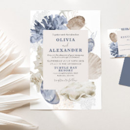 Convite de casamento concha marinha azul praia cos